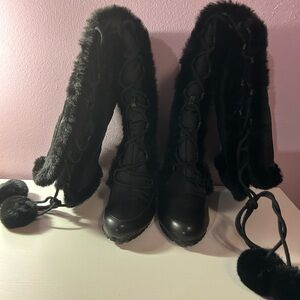 Black Fur-Lined Wide Calf Women's Knee High Wedge Boots.